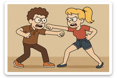 Fighting a boy brown Curly hair circle glasses Royal Pro polo brown jeans orange shoes and a girl Yellow ponytail hair red shirt high waisted dark blue denim shorts blue shoes sticker