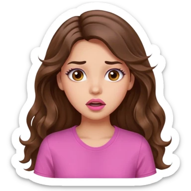 girl with long wavy brown hair, brown eyes, light to medium complexion, in a pink shirt, pink lips, long lashes, surprised, wow sticker