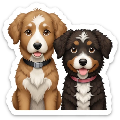 2 dogs, one is a light brown Aussie doodle. the other is a black Berenedoodle with white eyebrows . Make both same size sticker
