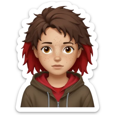 Hobo tomboy with light skin, freckles, dark brown shoulder-length hair in a messy style, brown eyes, dark brown hoodie, dull red shirt. sticker