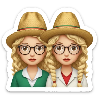 2 blonde girls, one with curly hair and glasses and the other with straight hair and glasses. both wearing Mexican hats sticker