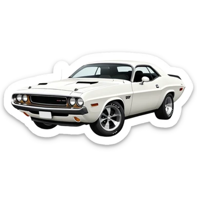 White 1971 Dodge Challenger at 30-degree angle view showing front and side, three-quarter view, completely white color, iOS emoji style, classic muscle car from Death Proof sticker
