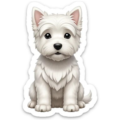 cinematic-[west highland white terrier]-realistic-full-body-sitting-emoji,-tail-resting-loosely-beside-its-paws,-head-tilted-dramatically, dooped ears -wavy-[white-fur,-simplified-yet-realistic-focused-features,-highly-detailed,-glowing-with-an-almost-sarcastic-glow sticker