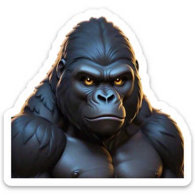 Cinematic Noble Gorilla Portrait Emoji, Poised and commanding, with a massive, muscular build cloaked in dense, rich fur and deep, soulful eyes, Simplified yet sharp and sophisticated features, highly detailed, glowing with a soft, dignified jungle glow, high shine, intelligent and formidable, stylized with an air of primate majesty, focused and authoritative, soft glowing outline, capturing the essence of a watchful guardian that feels as though it could step out of the screen with effortless authority! sticker