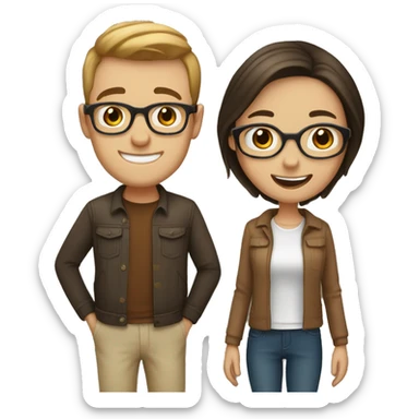 Happy couple together, girl with dark hair, blue eyes and glasses. Boy with light brown hair and brown eyes  sticker