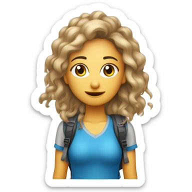 ragazza dai capelli biondi e lisci, occhi azzurri, con zaino e bastoncini che cammina in un trekking sticker