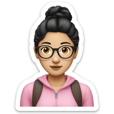 "An Asian girl with black hair, wearing glasses, and dressed in a pink outfit. Her hair is styled in two buns on either side." sticker