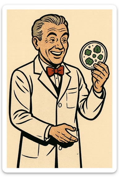 The full body of a happy 1940s male scientist with grey hair wearing a white lab coat over his suit with a red bow tie. He is holding a mouldy petri dish sticker