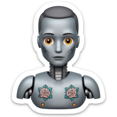 gray Tatooed robot, big many tatooes on chest, neck and face sticker