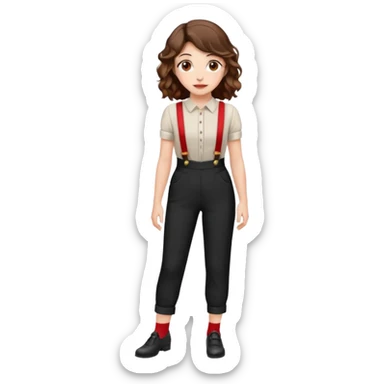 Woman with wavy brown hair and hazel eyes wearing black dress pants with red suspenders sticker