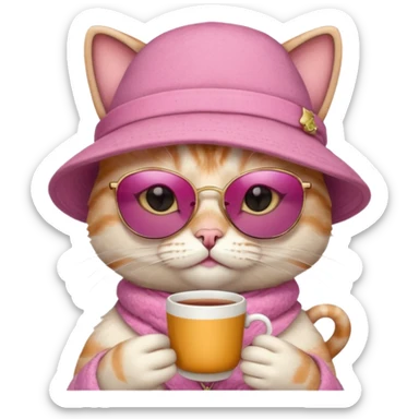 Pink cat with hat, holding cup of tea, wearing sunglasses sticker