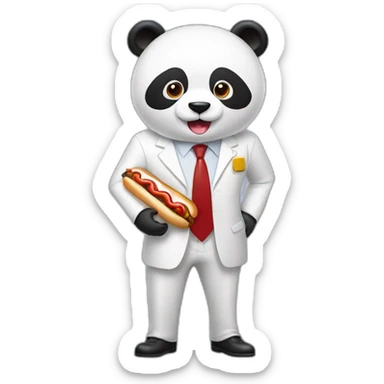 A professor with white suit and red tie and a panda face eating a hotdog and holding a black suitcase sticker