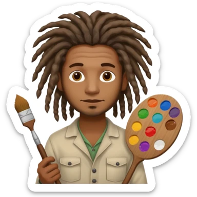 man artist with dreadlock, holding painter and color pallete sticker