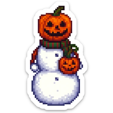 Change the snowman's head to a hollowed-out pumpkin while keeping the body like a classic snowman. Render in pixel art style. Remove the background. sticker