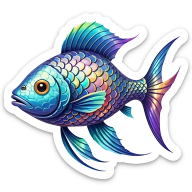 the flat side view of a divine fictional fish with a crazy design sticker