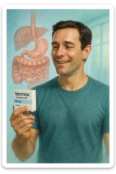 A realistic, cinematic illustration of a man in his late 30s holding a small white box of ‘Vermox’ (mebendazole) in one hand, with a relieved and hopeful expression on his face. Behind him, a semi-transparent overlay shows his digestive tract where small, symbolic worm-like parasites are dissolving and disappearing, indicating the medication’s effect. The environment is clean and bright, with a medical yet hopeful tone, conveying the concept of effective parasite removal. Subtle blue and green tones symbolize cleansing and health restoration, while the man appears energized and ready to reclaim his well-being sticker