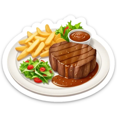big juicy australian steak meal featuring chips, small salad in a ramikan and gravy in a small bowl on the plate sticker