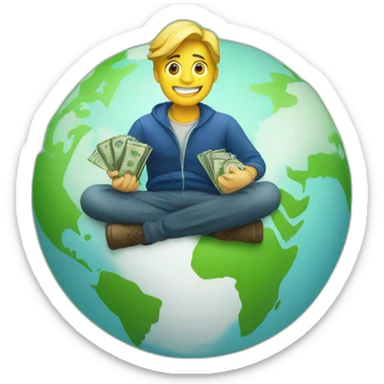 man sitting on globe with money bag sticker