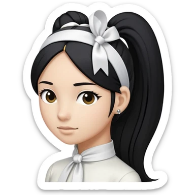 Cabelos: Longos, lisos e pretos, sempre presos em um rabo de cavalo alto com uma fita branca. Fita da testa (headband): Um dos itens mais icônicos. sticker
