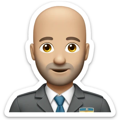 Flight attendant male, bald with beard. Gray uniform sticker