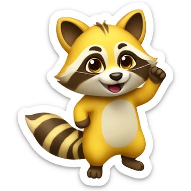 create me a cute  yellow raccoon emot waving sticker