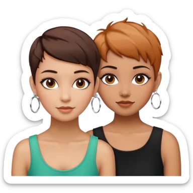 Puerto Rican fair skin straight brown pixie cut hair with hoop earrings make up and my best friend caramel colored pixie cut with jewelry and makeup on her face besties side-by-side wearing black  sticker