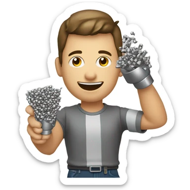 young man with a hand held L shaped metal device that launches metal pellets  sticker