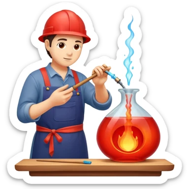 Glassblowing and casting icon, molten glass being shaped into a delicate object with a blowpipe, glowing red-hot glass being poured into a mold, unfinished glass sculpture, minimalistic style, clean lines, transparent background. sticker