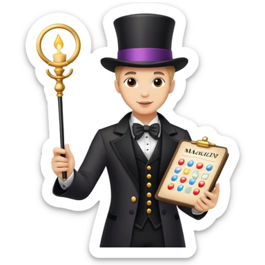 a magician holding a chart into one hand and a magic wand in the other hand sticker