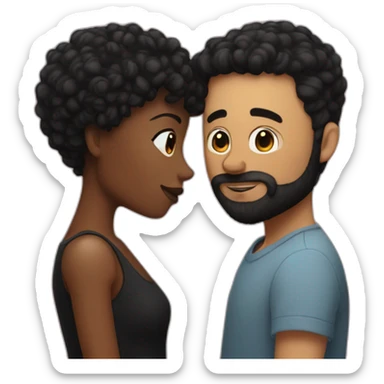 White man with a short  black hair cut fade and a black beard kissing a black woman with long brown curly hair sticker