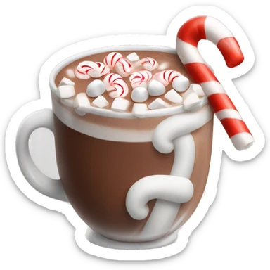 hot chocolate with marshmallows and candy cane sticker