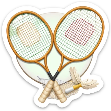 Two crossed badminton rackets with a shuttlecock resting in between, set against the faint outline of a badminton court. The image highlights the tools of the sport, with a subtle emphasis on the court's net and boundaries, symbolizing competition and skill. sticker