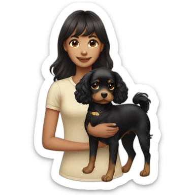 girl with long wavy hair and short bangs with her pet - black chichuachua sticker