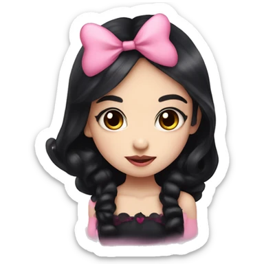 cute vampire girl with long black hair, wearing a pink bow with pink hearts around her  sticker