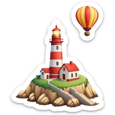 Hot air balloon above a scenic ocean with a lighthouse sticker