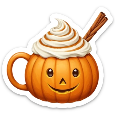 Round pumpkin-shaped mug with whipped cream swirl and one cinnamon stick, warm orange and cream tones. sticker