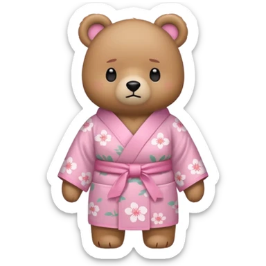 A cute light-brown bear wearing a pastel pink sakura-patterned kimono, normal balanced body ratio.  
Arms crossed with a slight pout, daring “wanna get scolded?” expression.  
Kawaii emoji style, minimalistic clean sticker illustration, white background.
 sticker