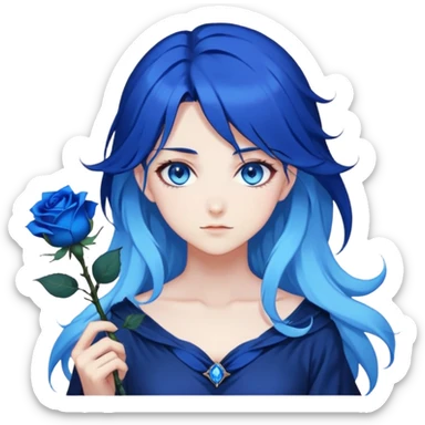 anime girl with dark blue hair, blue rose in hair, glowing blue eyes, Solo Leveling style, sharp features, blue magical aura, 2D emoji sticker