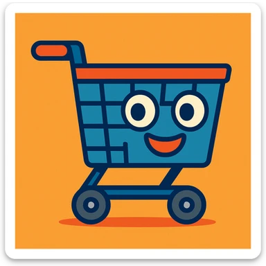 cartoon shopping cart with big eyes and a smile, cute and friendly character sticker