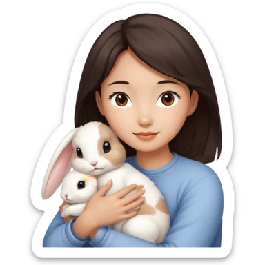 A young Asian woman with dark brown, almost Asian girl with dark brown hair, brown eyes, light Asian skin, hugging a white rabbit with light brown spots, soft and warm atmosphere.
  sticker
