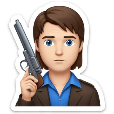 guy w medium long brown hair and blue eyes with gun pointed up at his chin sticker