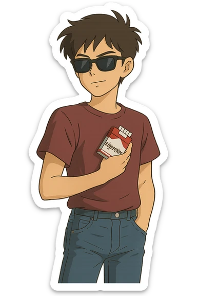 A cool teenager wearing jeans and a t.shirt holding a packet of cigarettes close to his body sticker