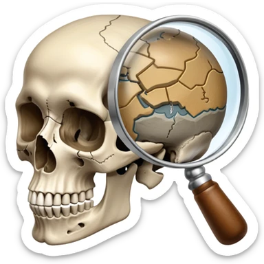 An icon featuring a human skull and fossils, representing anthropology. The design includes a magnifying glass and a map of ancient human migration paths, symbolizing the study of human evolution and cultures. Transparent background highlights the scientific exploration of humanity’s past. sticker