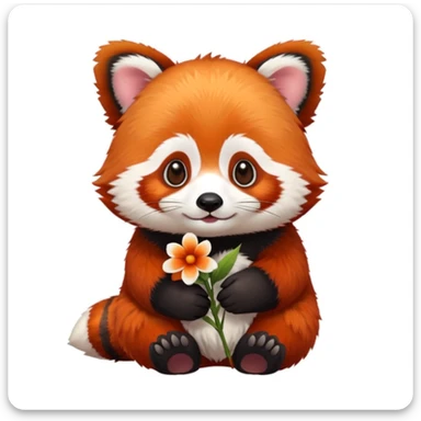 A red panda holding a small flower, cute and simple sticker