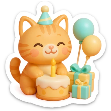 ginger tabby kitten celebrating birthday, wearing a birthday hat, with birthday cake, balloons, happy expression, and gifts sticker