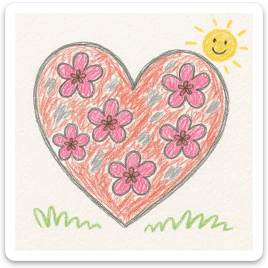 heart with sakura flowers and silver accents, children doodle style sticker