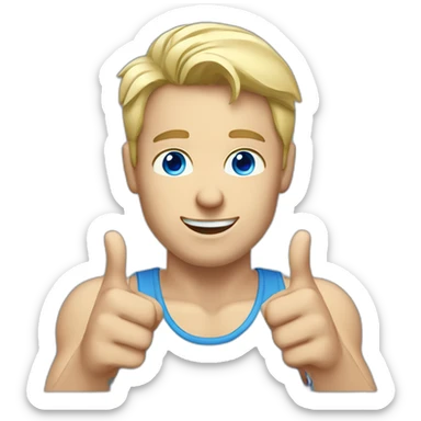white blonde man with blue eyes and tanktop points finger to the top sticker
