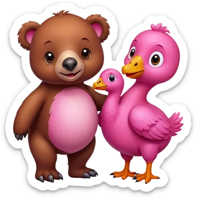 A cute brown bear and a realistic cute pink dodo closely together sticker