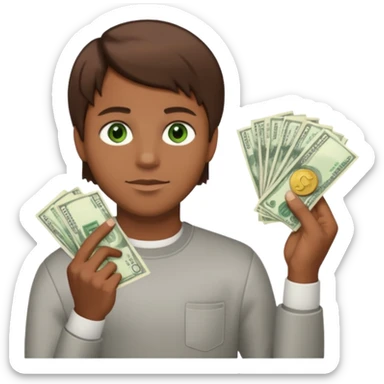 green eyes. handsome. young man. brown skin. brown hair. straight hair. short hair. white race. Holding money with his left hand sticker