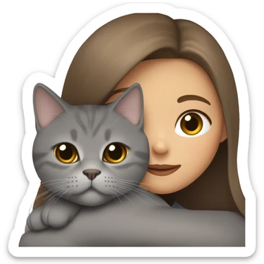 small British shorthair grey cat hugging long brown hair white woman sticker
